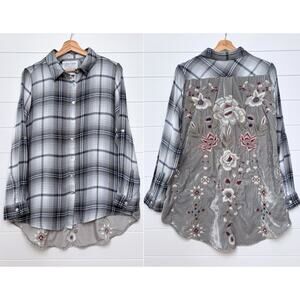 Kyla Seo Plaid Button Front Shirt M Floral Embroidered Velvet Mixed Media Tunic